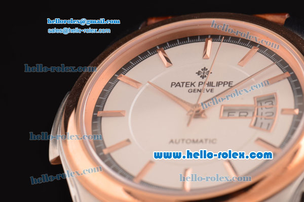 Patek Philippe Calatrava Swiss ETA 2824 Automatic Steel Case Rose Gold Bezel with Brown Leather Strap White Dial Stick Markers - Click Image to Close